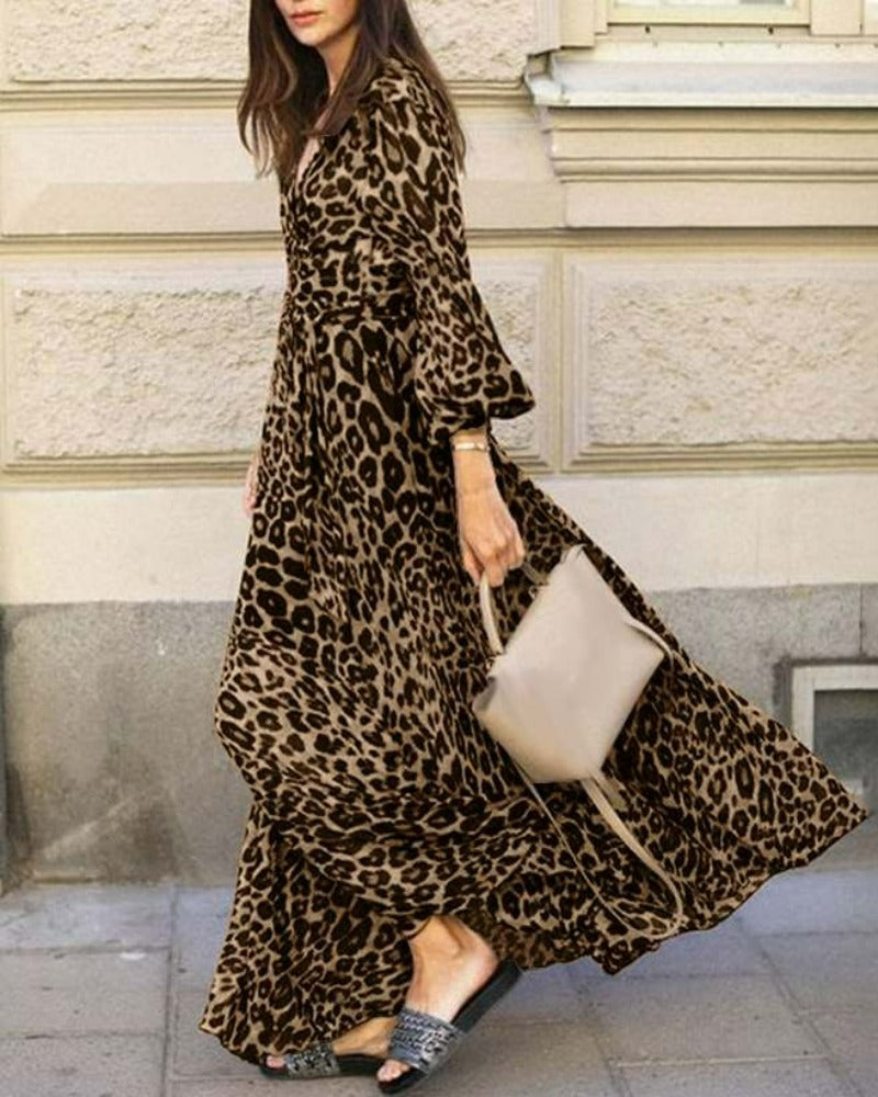 Vestido Longo Manga Bufante Animal Print